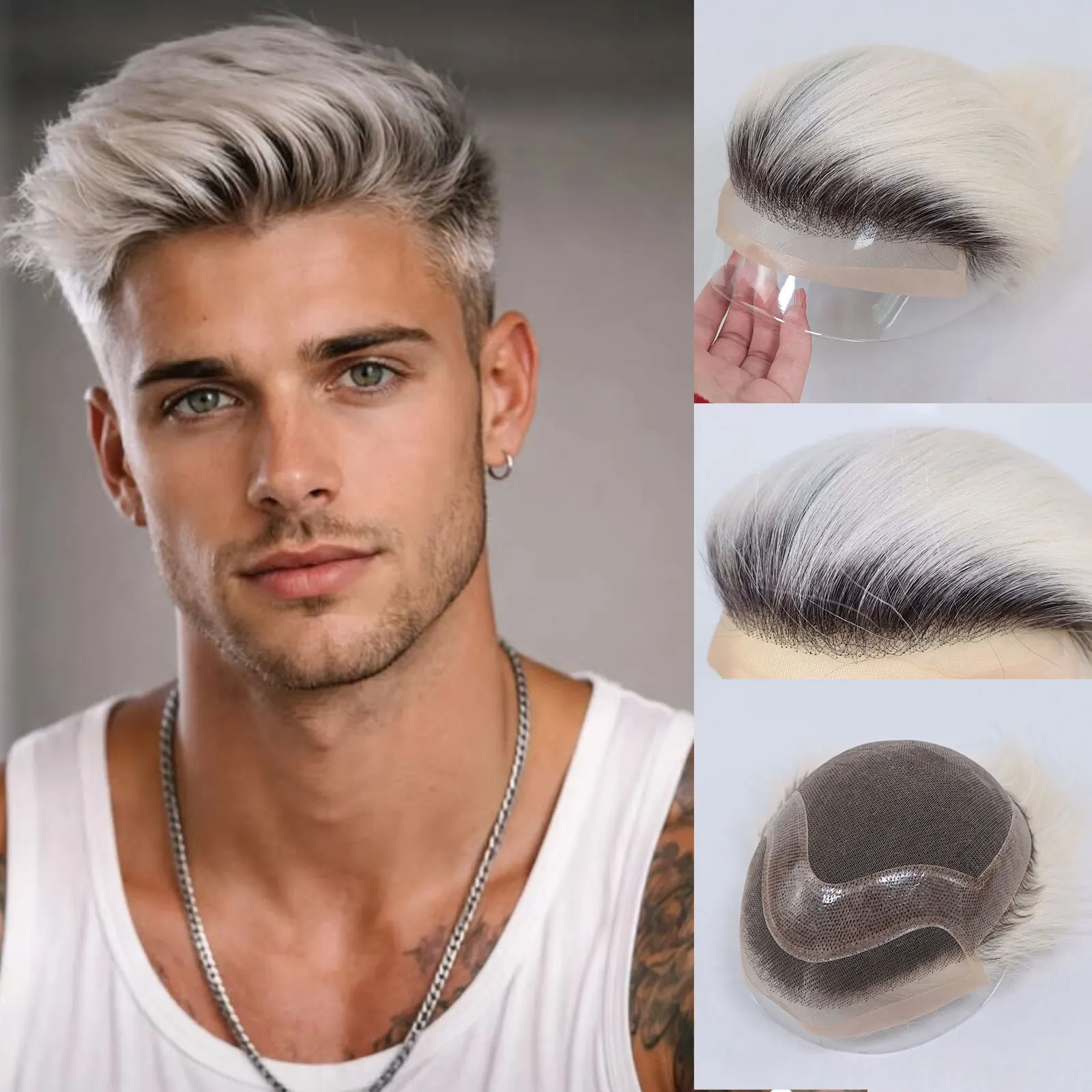 # 1BT60 Ombre Blonde Toupet für Männer, Mono-PU-Spitzenfront-Perücke aus Echthaar, unsichtbares Haarteil, männliches Haar, Haarprothese für Männer