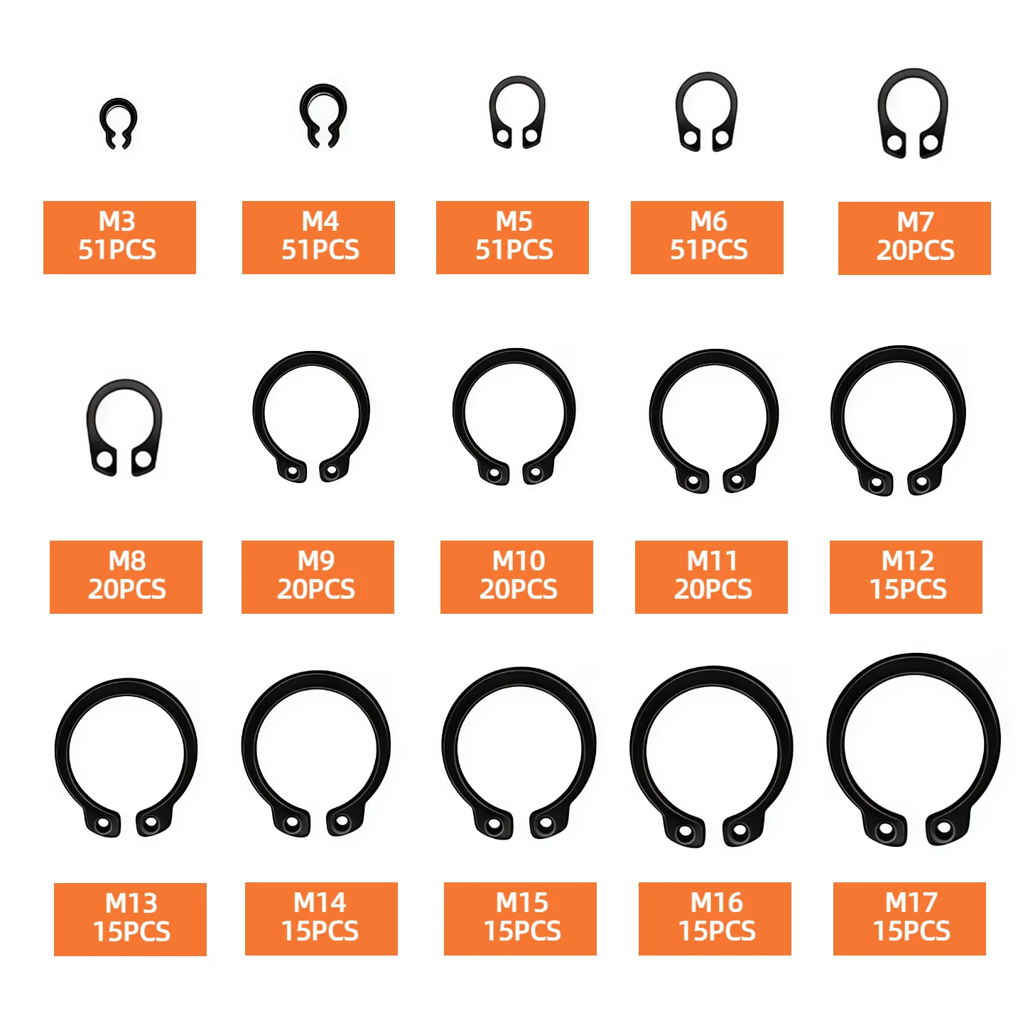 283/394/451-teiliges M3-M25 C-Clip-Set aus schwarzem Legierungsstahl, externe Sicherungsringe für Wellenlager und Hardware