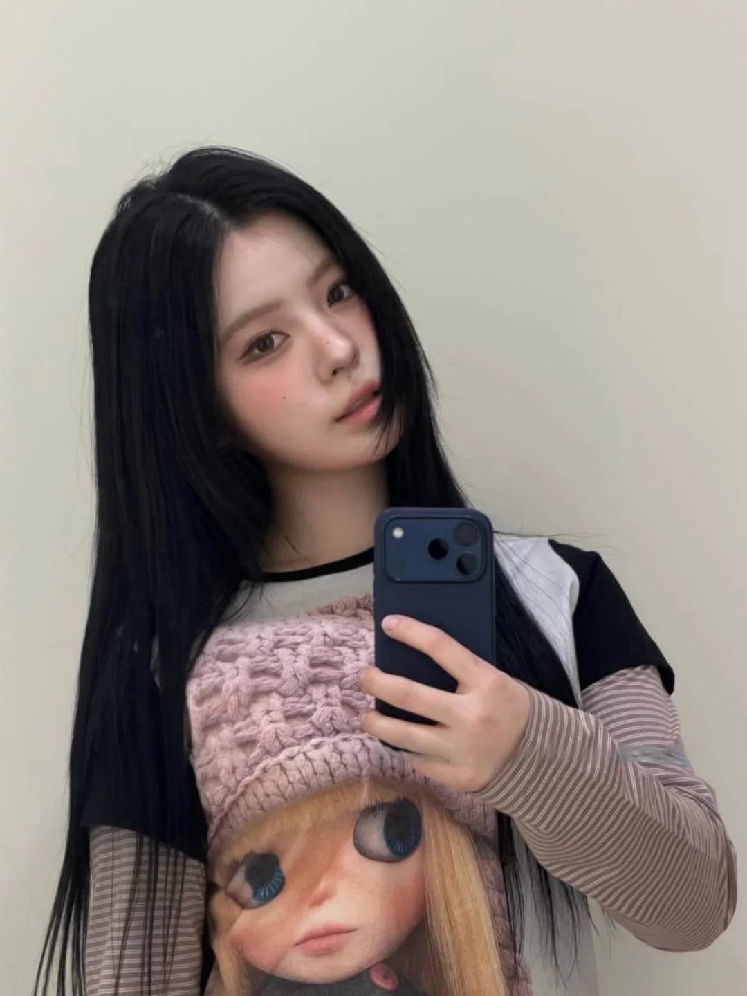 Unique SEI Korean Style Cartoon Doll Print Long Sleeve Patchwork Striped Shoulder T-Shirt Women's Spring Fashion Casual Top