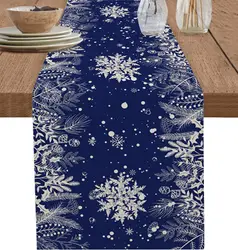 Blue Christmas Snowflake  Leaves Pine Cones Linen Table Runners Home Decor Farmhouse Dining Table Runners Navidad Decorations
