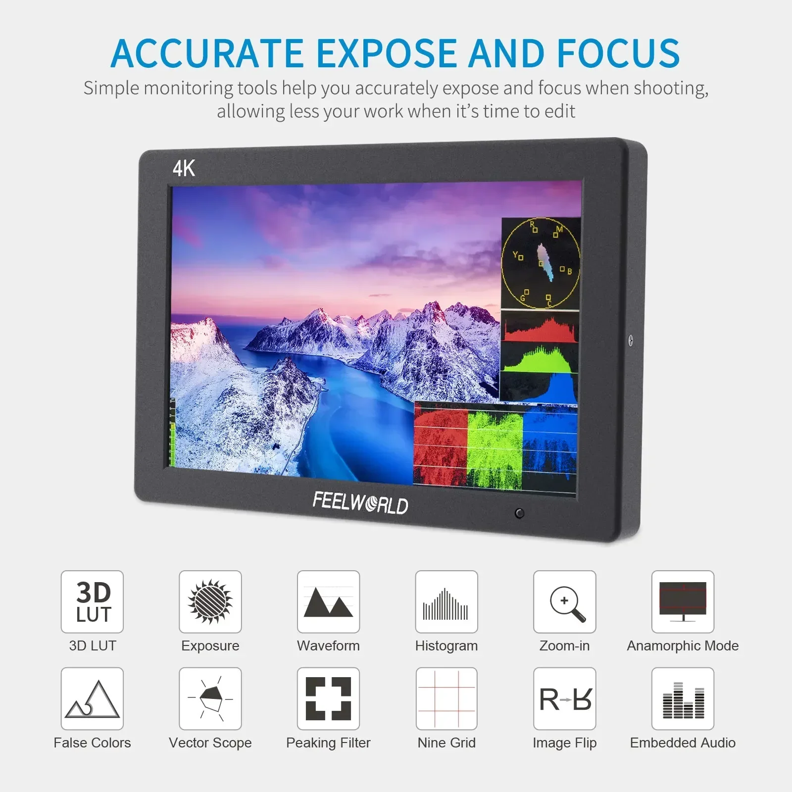 FEELWORLD T7 PLUS 7Inch 3D LUT IPS 1920x1200 On-camera Field Monitor Aluminum Housing  4K HDMI Input/ Output  For Video Shooting