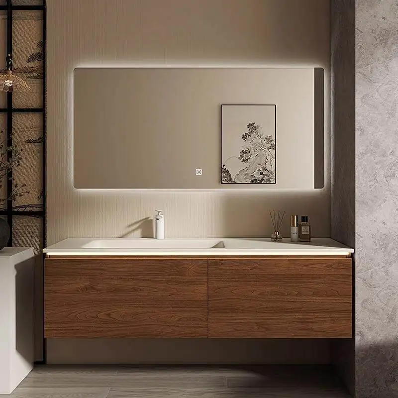 Walnut-colored rock slab hot bending integrated basin bathroom cabinet combined toilet washstand