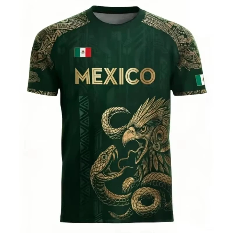 2026 New Summer Mexico Soccer Jersey Men Black Gold Design with Aztec Eagle Snake Print and Mexican Flag for Football Fans
