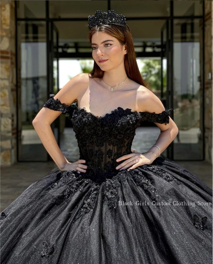 Noble Princess Ball Gowns Quinceanera Dresses Cathedral Train Black Strapless Poncho 3D Floral Boned Corset xv year old dress
