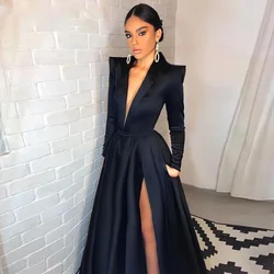 Lily Simple Black Prom Dress Long A Line Evening Dress Side Split V-Neck Long Sleeves Formal Prom Dress Arabic Dubai Party Gowns