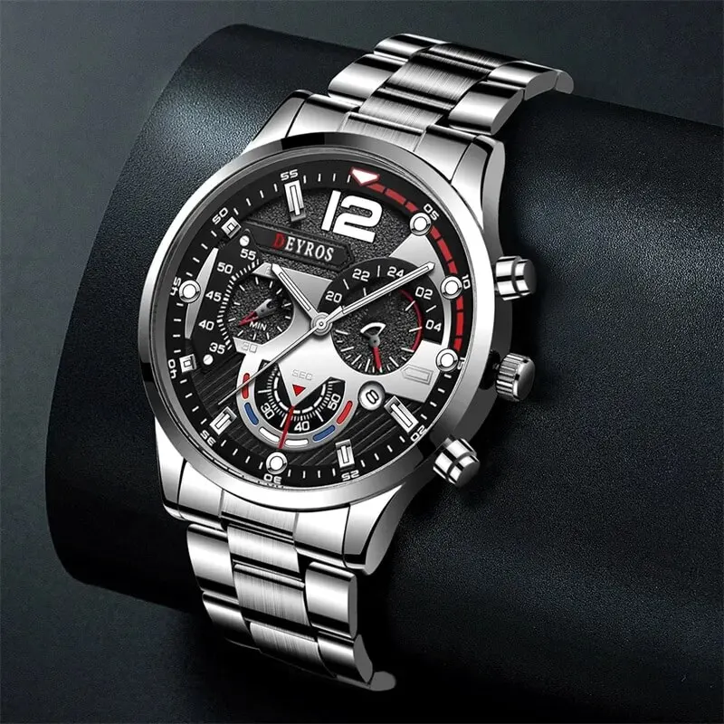 Montre à quartz argentée de luxe pour hommes avec bracelet en acier inoxydable, montre d'affaires décontractée, horloge Shoous, mode, 2 pièces