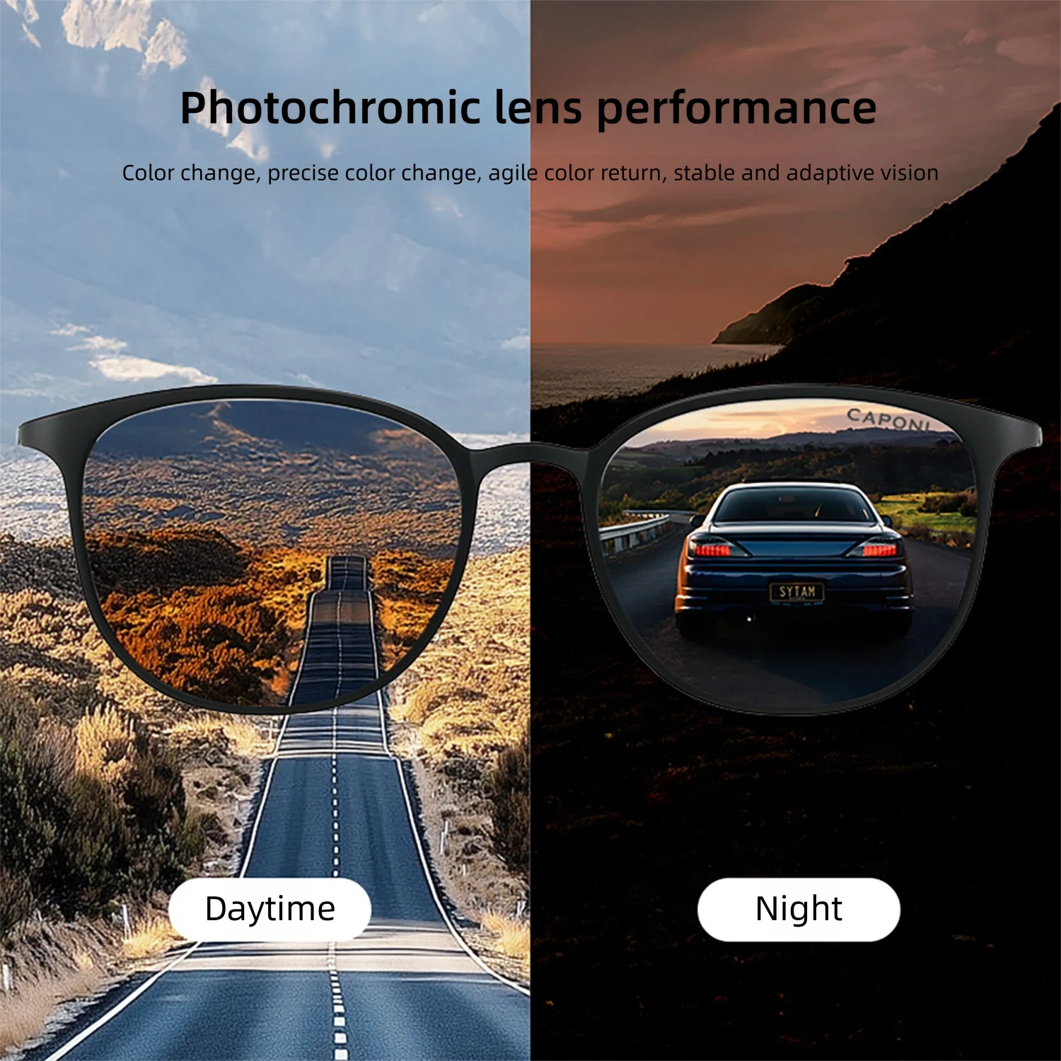CAPONI Oval Men's Sunglasses Photochromic Polarized Sun Glasses For Men Protect UV Ray Super Light Driving Black Glasses BS520 image 5