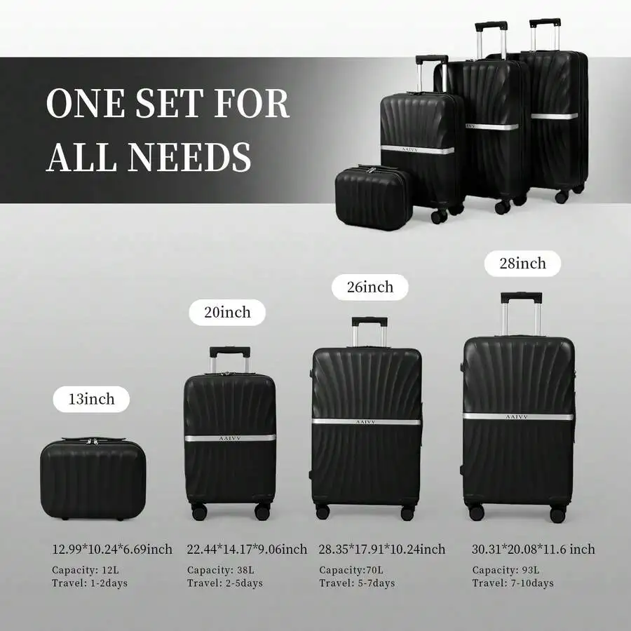 4-Piece ABS Luggage Set 13/20/26/28in, Airline Approved 20in Carry On With Cup Holder & USB Port, Expandable 28in Case, TSA Lock Double Spinner Wheels