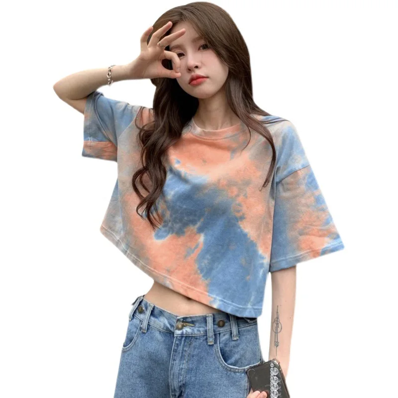 Summer Korean Fashion Y2K T-shirt Woman Japanese Tie-Dye INS Crop Top Women Sexy Vintage Tee Shirt Short Sleeve Clothes