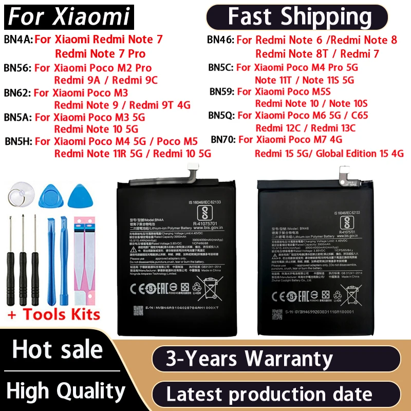 BN4A BN46 BN56 BN62 BN5A BN5H BN5C BN59 BN5Q BN70 Battery For Xiaomi Redmi Note 6 7 8 8T 9 9T 10 10S 11T 11S 4G 5G Pro Batteries