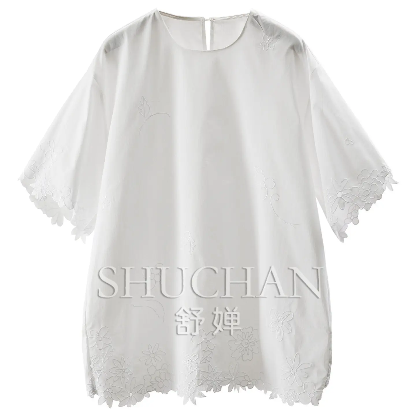 French Simplified Design Sense Embroidery Lace 100% Cotton Short Sleeve Shirt Women's 52W0
