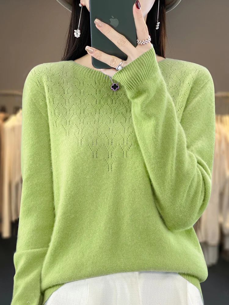 2024 New Autumn Winter Women Merino Wool  Sweater Hollow Out O-Neck Solid Pullover Knitwear Casual Basics Cashmere Clothing Tops