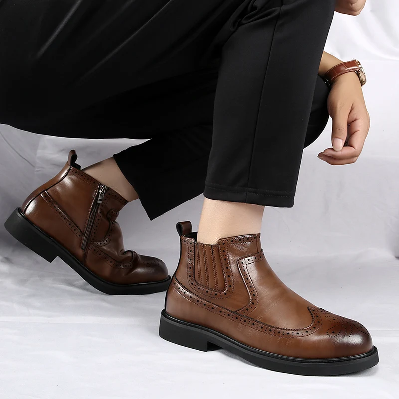 High Quality Leather Chelsea Men's Boots Luxury Brand Comfy Brogue Shoes Men Fashion Trend Thick Bottom Casual Mens Ankle Boots