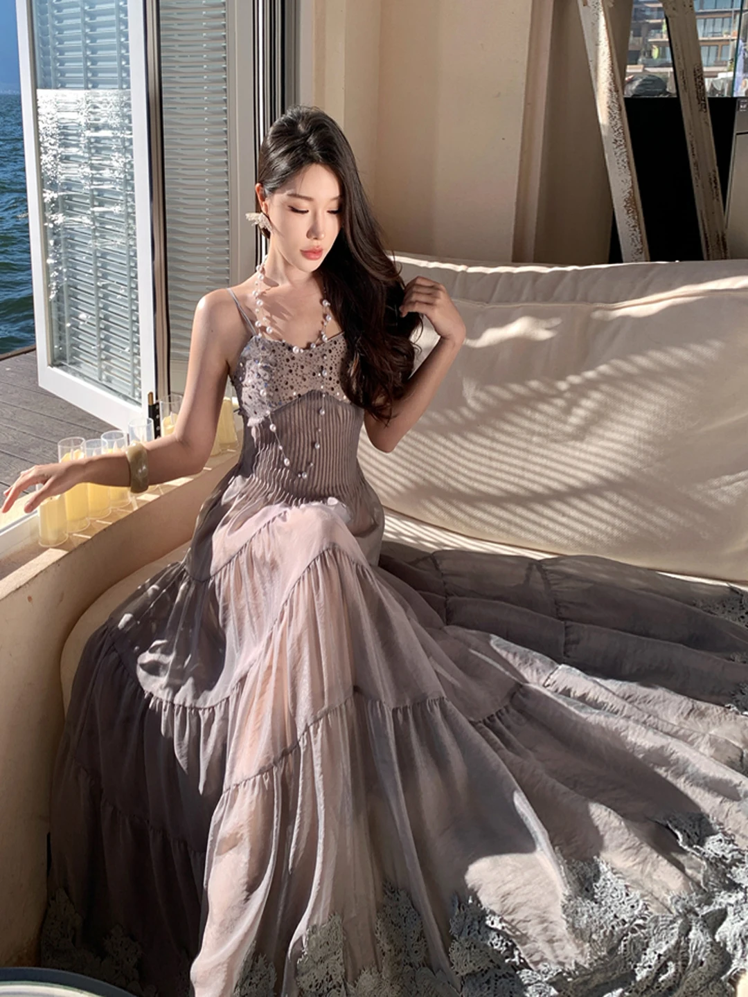 

Gentle Soft Sle Purple Lace Me Strap Dr Waist Cinched A-Line Beach Fairy Skirt Ba Zipper Closure Breathable Summer D...