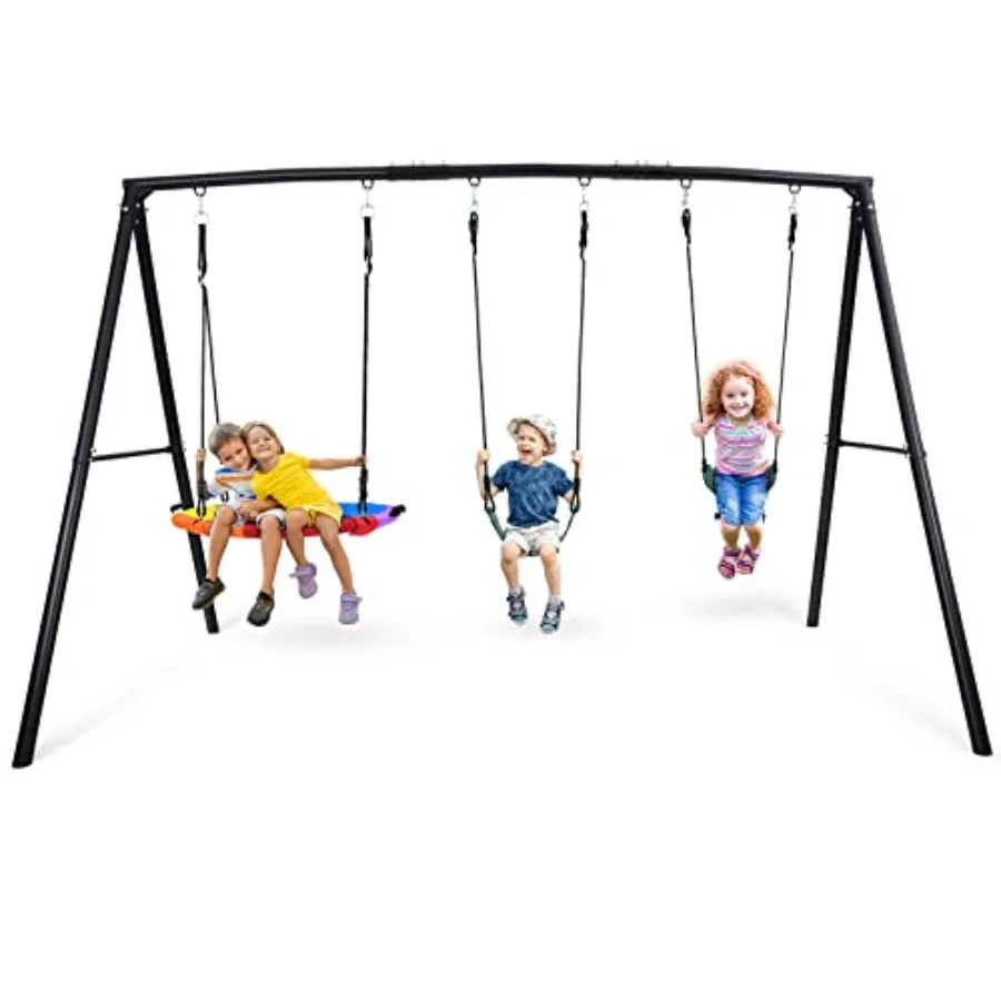 

500lb Heavy Duty Metal Swing Sets for Backyard with Saucer Swing Triple Outdoor Swingset Easy to Assemble Patented