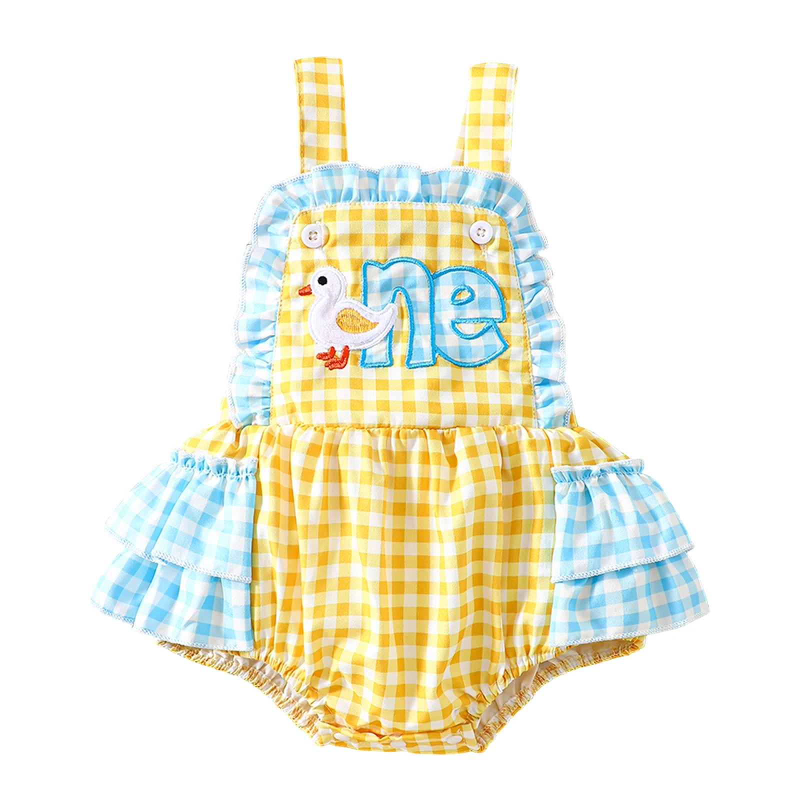 

Baby Girls Summer Romper Fashionable Letter Duck Embroidery Plaid Pattern Sleeveless Square Collar Jumpsuit