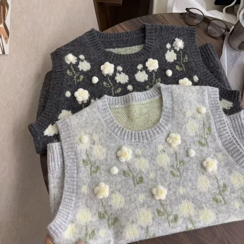 

Women's Winter Autumn Tops Knitwear Waistcoats Vests Knitted Sweaters Three-dimensional Floral Loose-fitting New Casual Niche