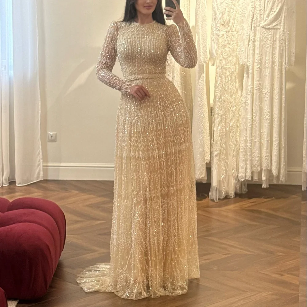 

Customized Sparking Sequin Evening Dress O Neck Full Sleeve Beading Formal Prom Gown Illusion Long vestidos de festa