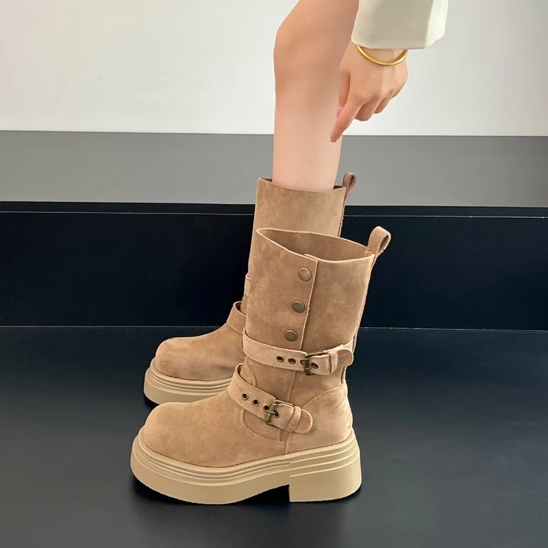 Women Maillard Mid‑Calf Boots,2026 New Faux Suede Double Buckle Chunky Platform Thick Block Heel Retro Popular Ladies Boots