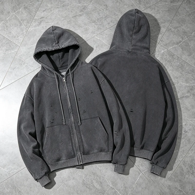 2026 New SAIMT Men Hooded Zip Jacket Vintage Acid Wash Destroyed Hole Plain Loose Hip Hop Casual Oversized Top