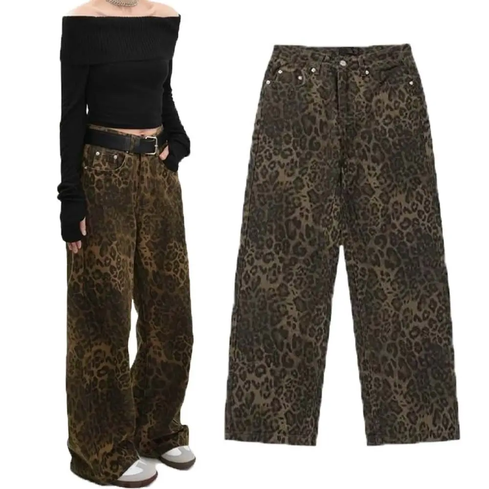 Simple High Waist Jeans Women Y2K Loose Hip Hop Leopard Pants Streetwear Baggy Cowboy Pants Party