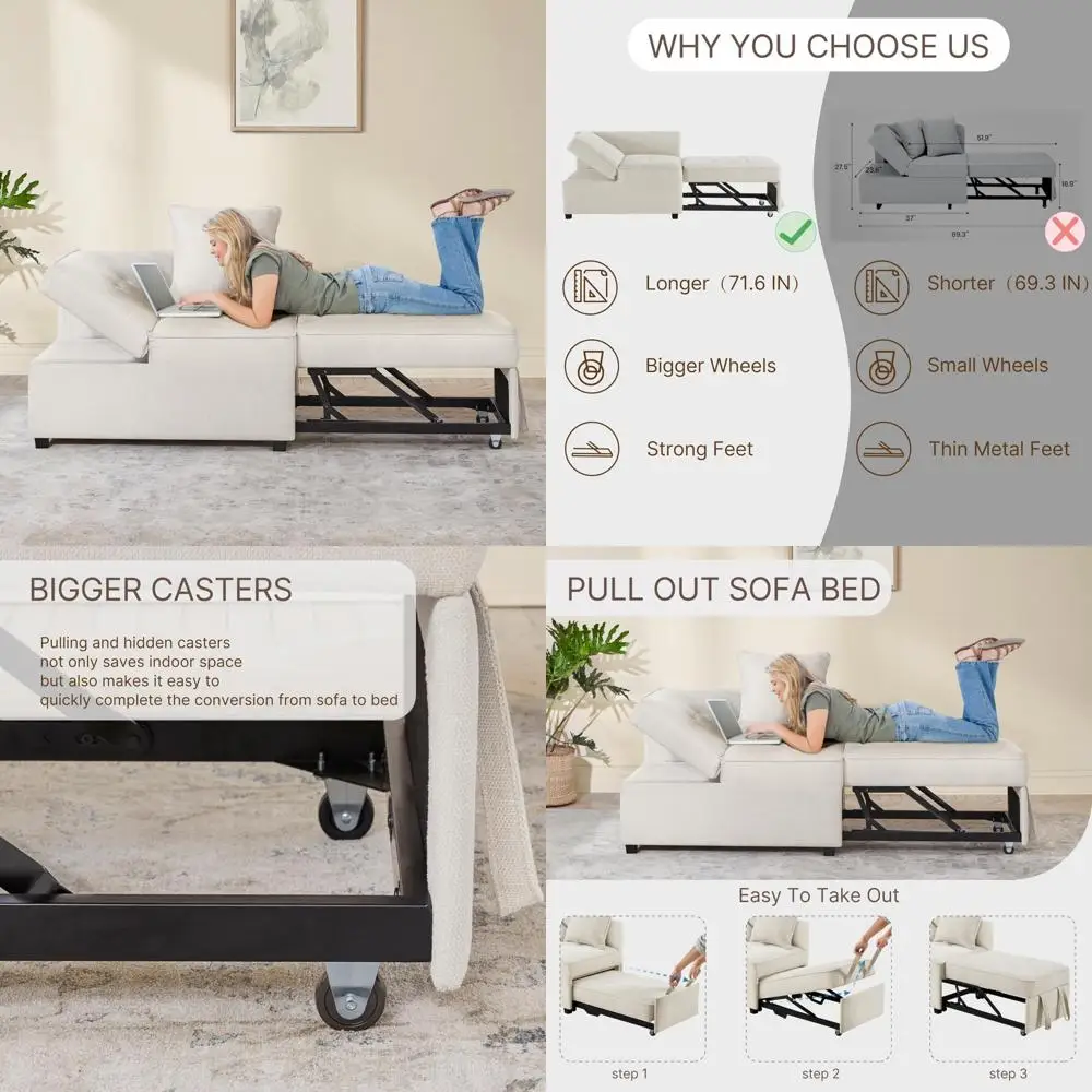 

Convertible 4-in-1 Sleeper Sofa Chair with Strong Metal Frame, 71.6 Inch, Pull Out Futon Couch, 2 Pillows, Adjustable Backrest,