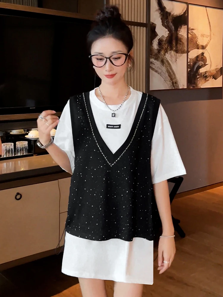 Large Size Loose Hot Rhinestone T-Shirt Vest 2-Piece Set Women Summer New High Quality Cotton Mid-Length Short Sleeve Top Dress