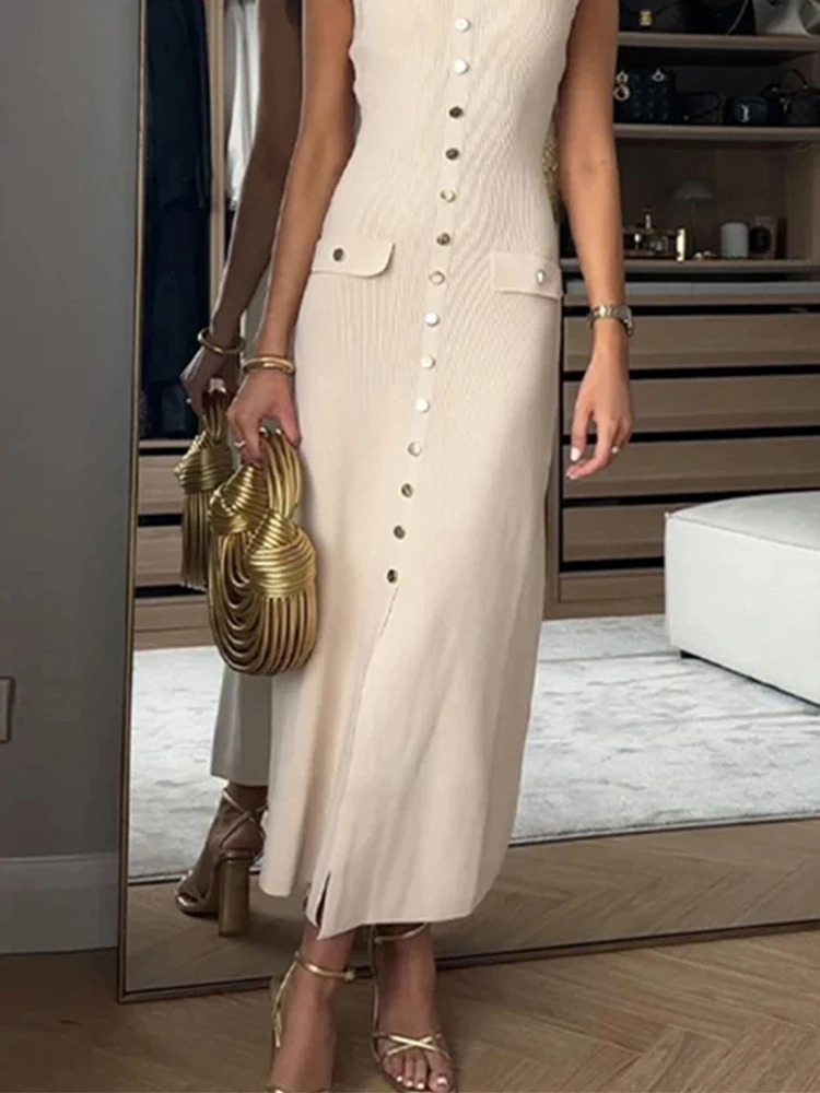 HH – Robe longue tricotée pour femmes, élégante, Slim, col rond, sans manches, simple boutonnage, fausses poches, mode bureau, 2024