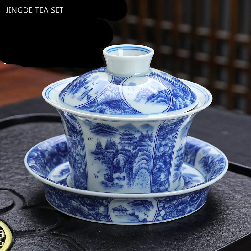 Luxuosa cerâmica gaiwan xícara de chá artesanal tigela de chá chinês azul e branco porcelana acessórios de utensílios de chá drinkware 150ml