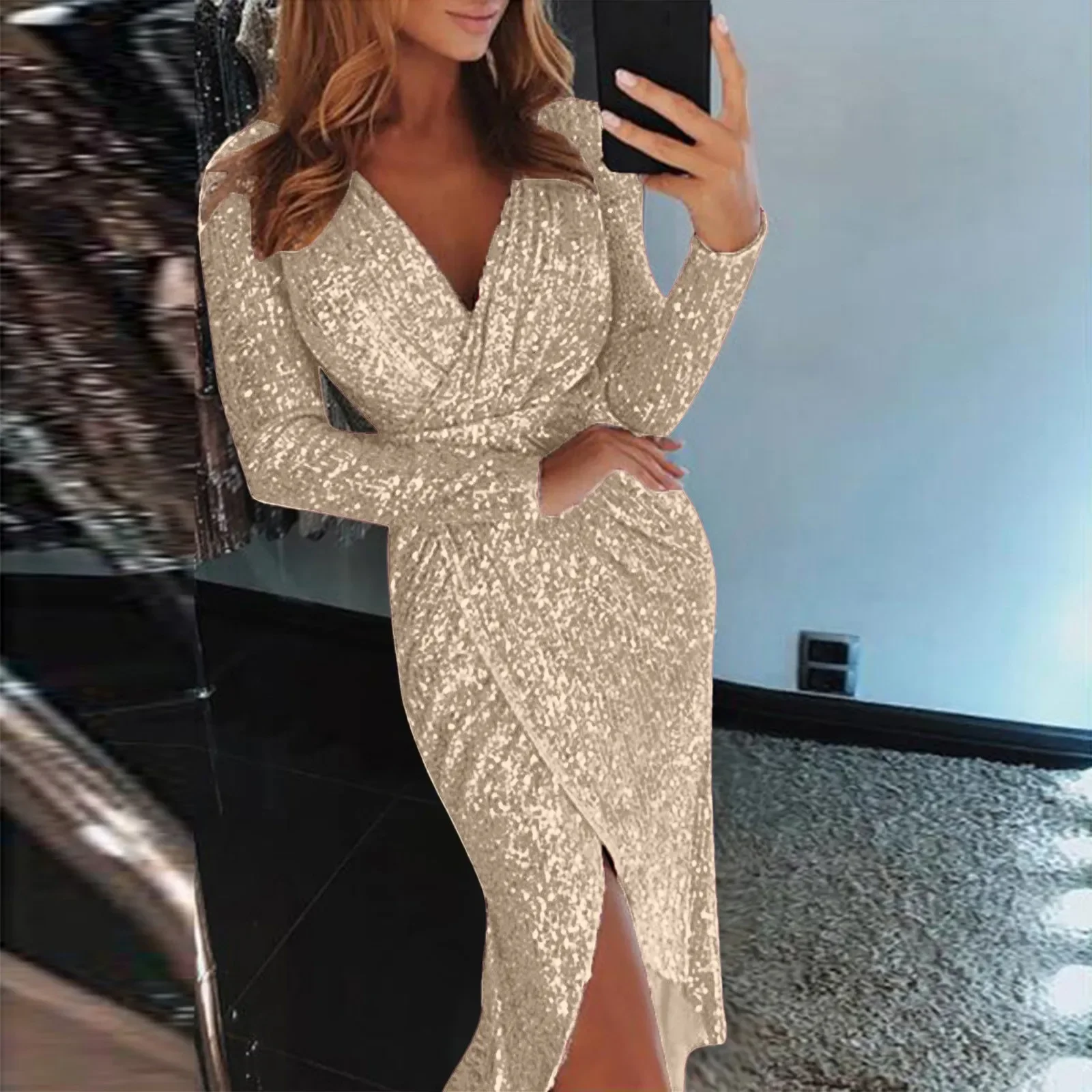 

Slim Night Club Party Dress Women Sexy Deep V Sequins Wrap Hip Ruched Long Sleeve Formal Dress Nightclub Performance Costume