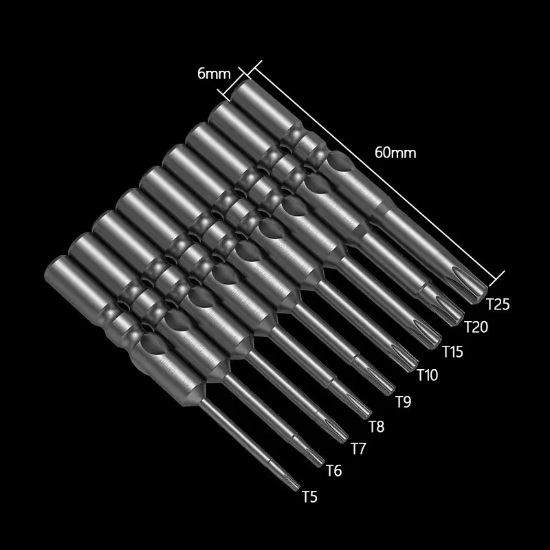 6mm Round Shank Torx Head Screwdriver Bit Set T5-T25 Security Bit Magnetic Screwdriver for 802 Electric Drill