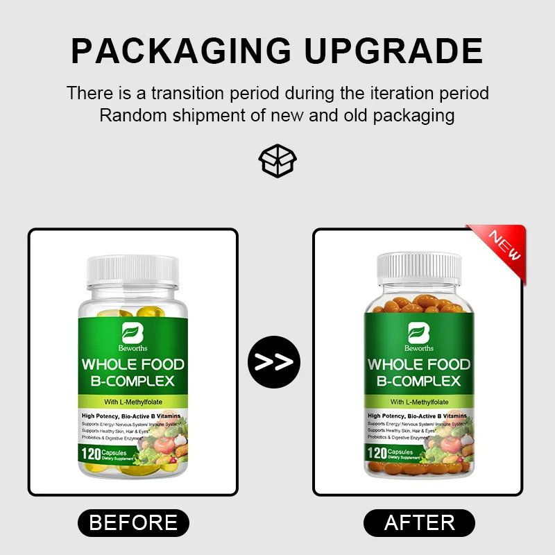 BEWORTHS Vitamin B Complex Capsules Whole Food Supplement B1, B2, B3, B5, B6, B7, B12 for Stress, Energy and Immune Health