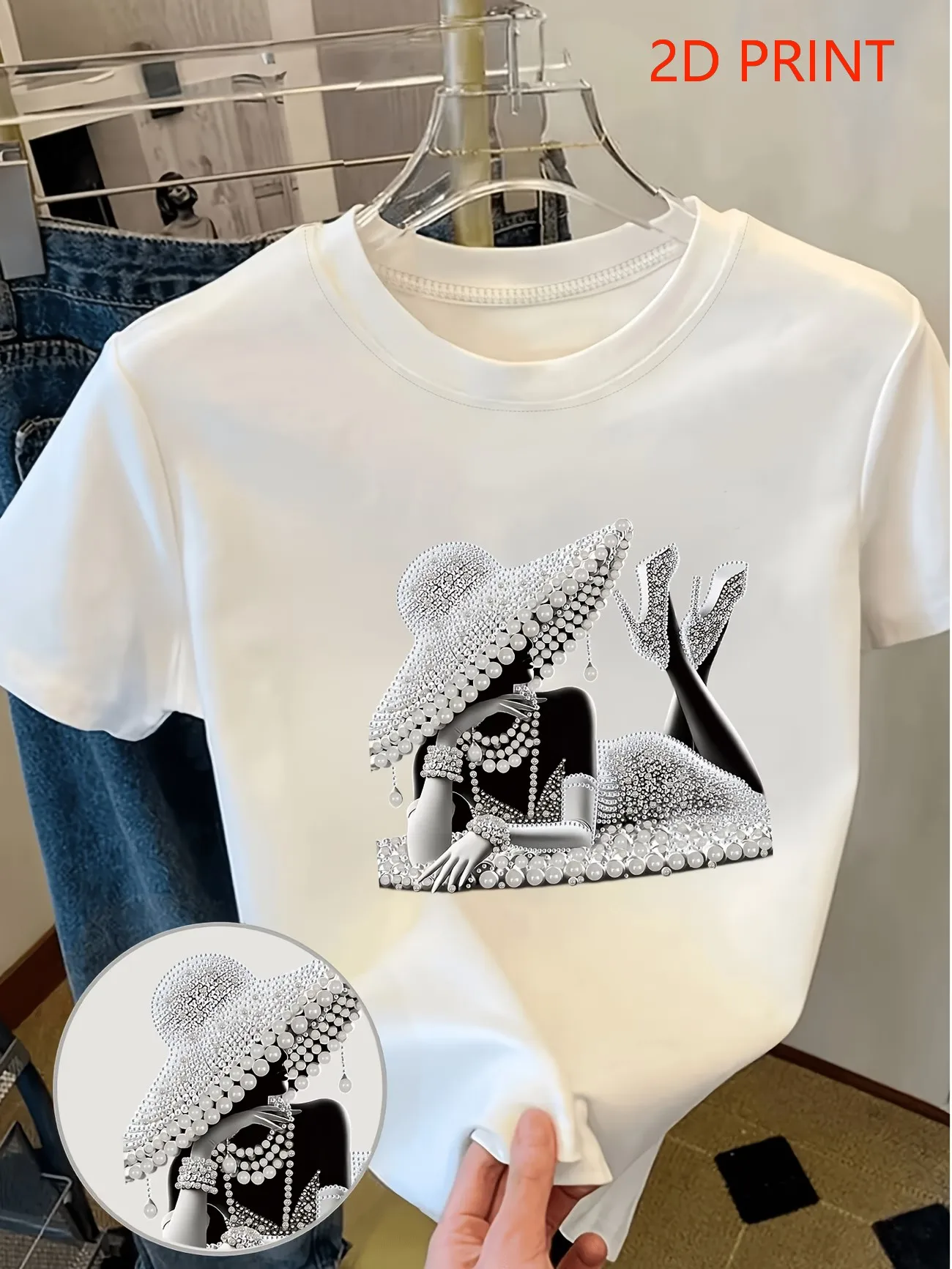 2d Elegant Pearl Hat High Heel Silhouette T Shirt Women Luxury Graphic Crew Neck Short Sleeve Loose Summer Casual Chic Tops