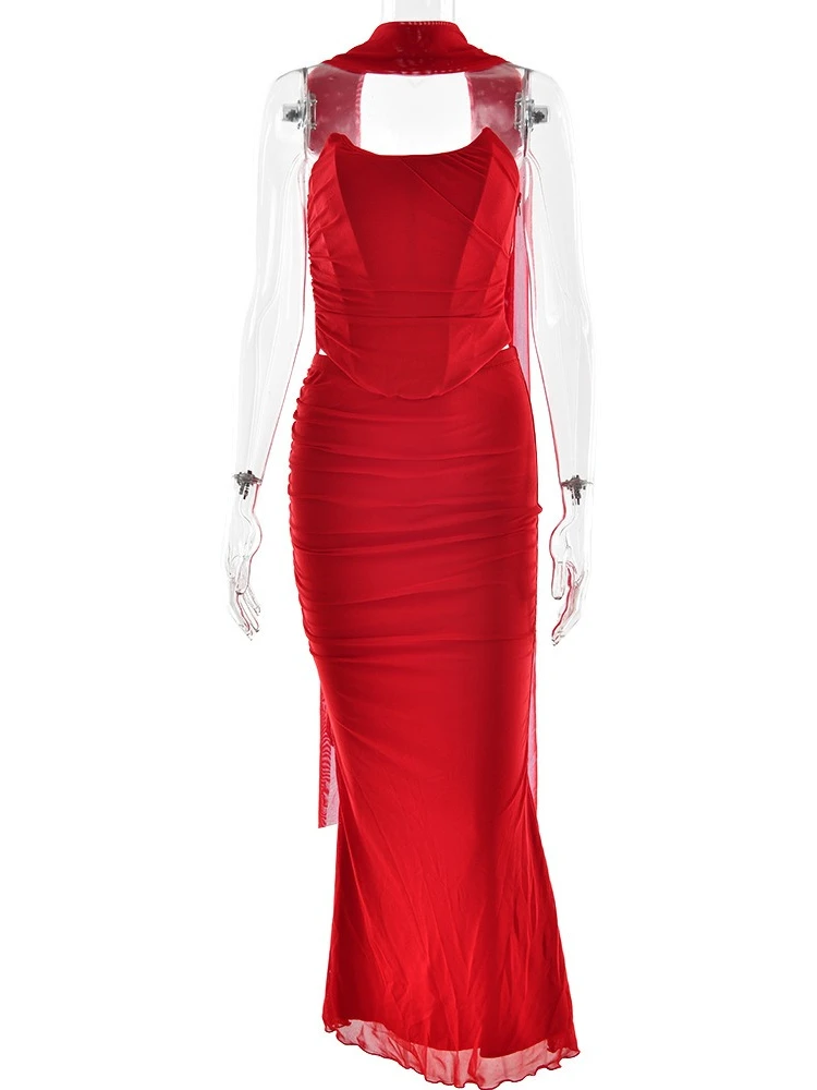 FDYOUI Elegant Zip-up Corset Tops+Long Skirts 2 Piece Matching Sets Women Bandage Bodycon Wedding Party Dress Suit Evening Gowns