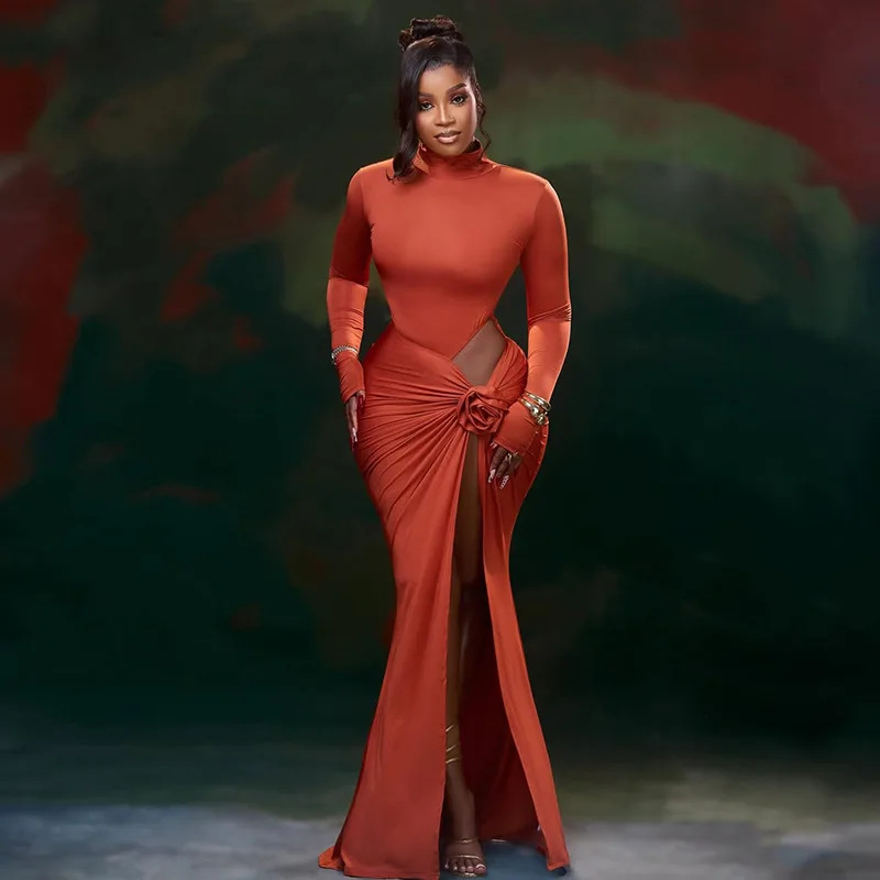 

STYLISH LADY Floral Appliques Maxi Dress 2025 Women Long Sleeve Turtleneck Bodycon Sexy Club Party High Split Draped Dresses
