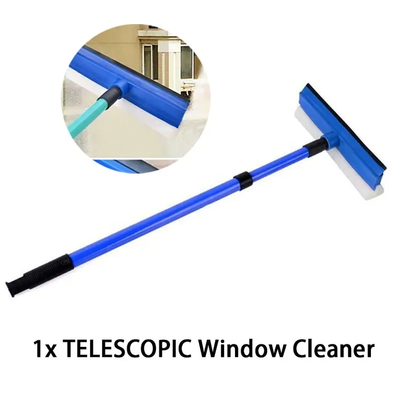 Limpiador de vidrio telescópico 2 en 1, limpiaparabrisas con mango largo, cepillo de esponja, fregona para ventana, escurridor, herramienta de limpieza