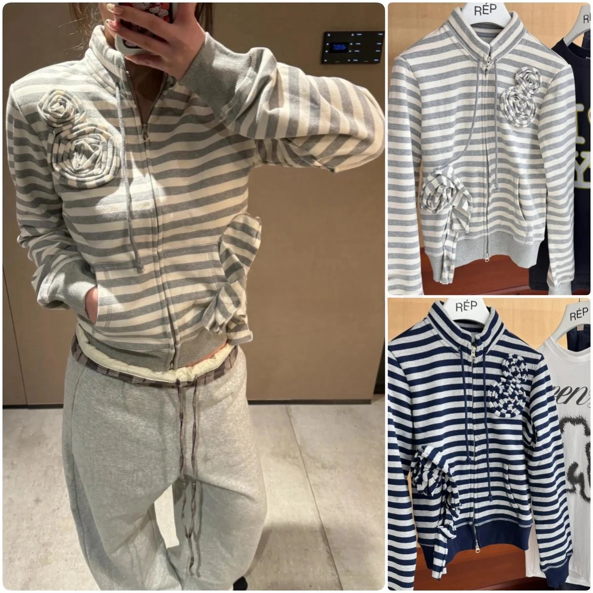 Openyy vroege lente nieuwe 3d Rose Flower Stripe kleur Blo dubbele rits sweatshirt ort Jaet casual katoenen damesjas