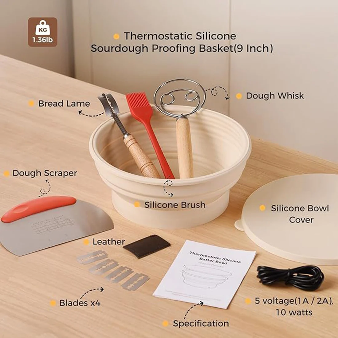 JHD Silicone Batters Bowl Electric Thermostat, Heated Sourdough Bread Fermentation Basket Set, Sourdough Baking Supplies