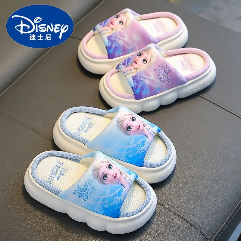 Disney Princess Elsa Spring and Autumn Children's Linen Slippers Girls breathable non-slip platform baby floor slippers