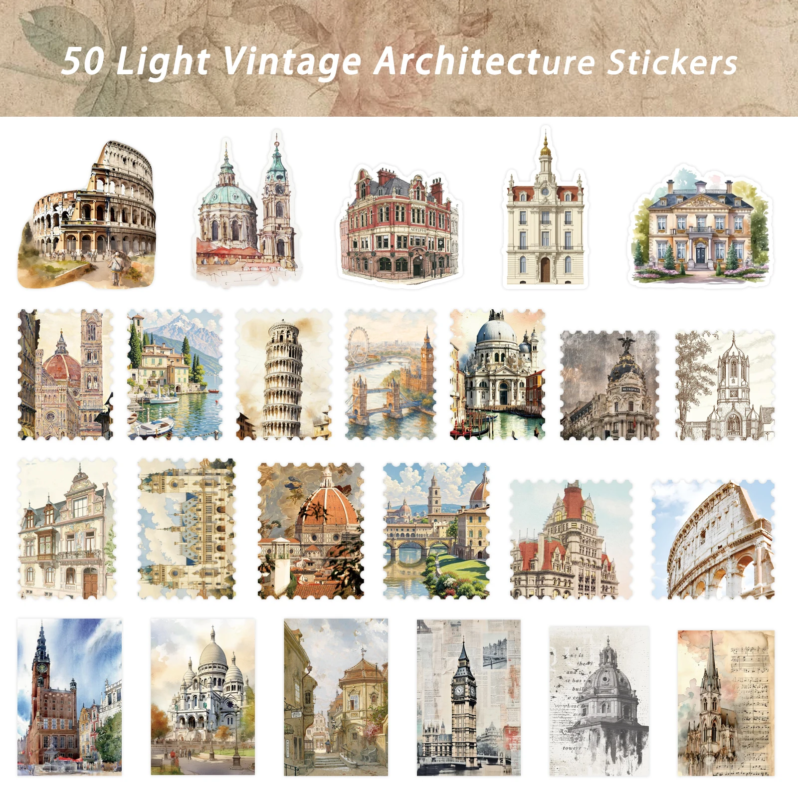 50 Stück Retro-Aufkleber, Weltreise, berühmte Architektur-Aufkleber für Gepäck, Wasserflasche, Laptop, Fahrrad, Koffer, Sammelalbum – Detail 5