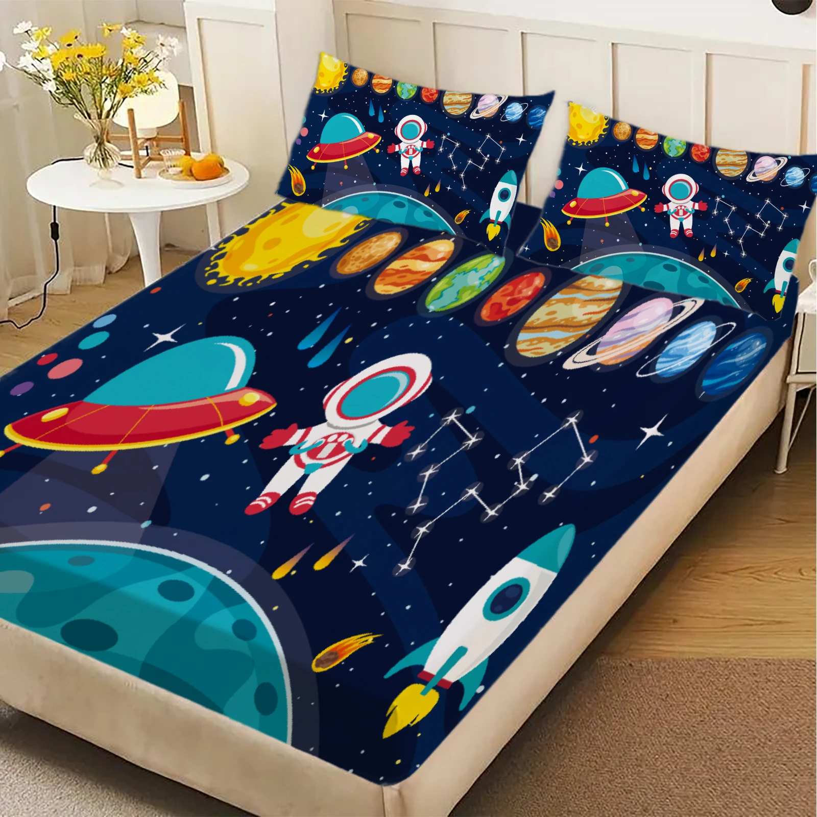 3pcs Playful Fitted Sheet For Children Boys Cartoon Style Space Astronaut Planet Rocket Star Printed Bed Sheet With Pillowcases