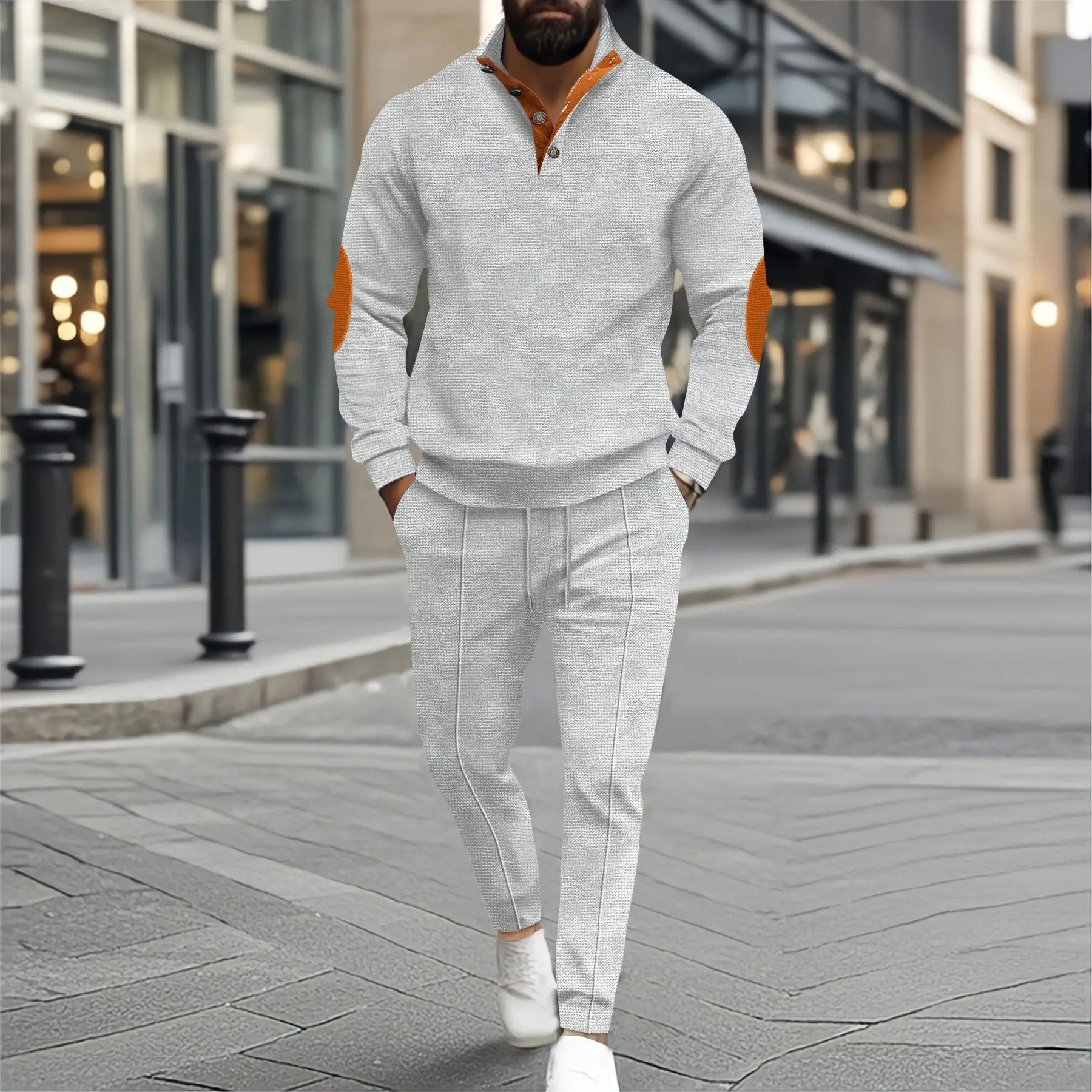 2024 Autumn/winter new men's half zip Waffle casual stand collar long sleeve hoodie men's suit