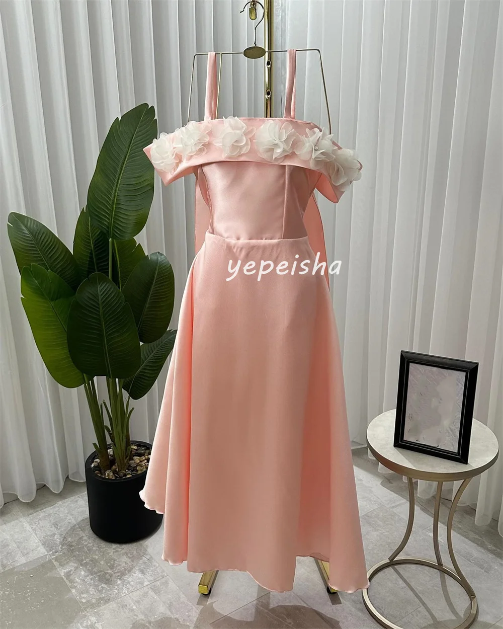 Customized Intricate Pleat Ruched Handmade Flower Rhinestone A-line Off-the-shoulder Midi Dresses Bespoke Occasion Dresses Retro