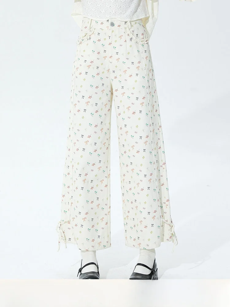 

Свободные женские джинсы с цветочным принтом, широкие брюки-капри на шнурке с высокой талией, повседневные, из денима, для лета