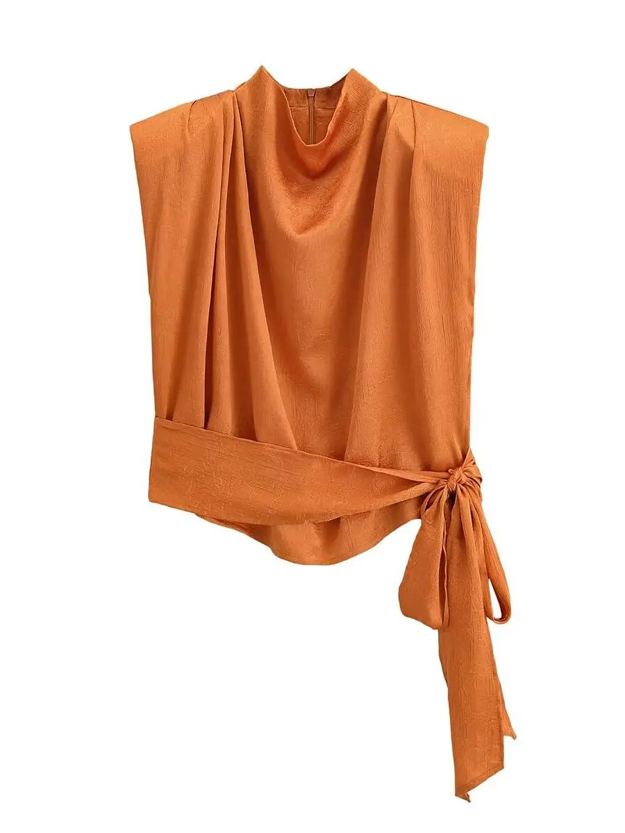 Women's 2026 Spring Satin Top Orange Sleeveless Longline Design with Tie Strap Elegant Chic Eye-Catching Fashion Blouse