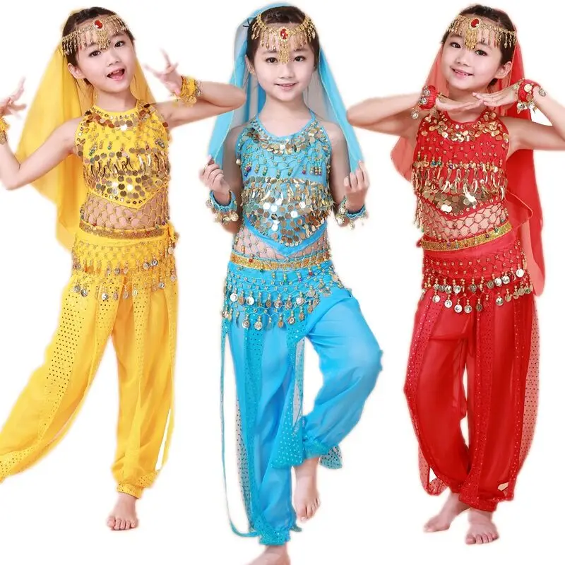 Stage Chiffon Children Indian Belly Dance Girl Costume Halloween Performance 7pcs Sets Kids Dancing Cloth Outfits