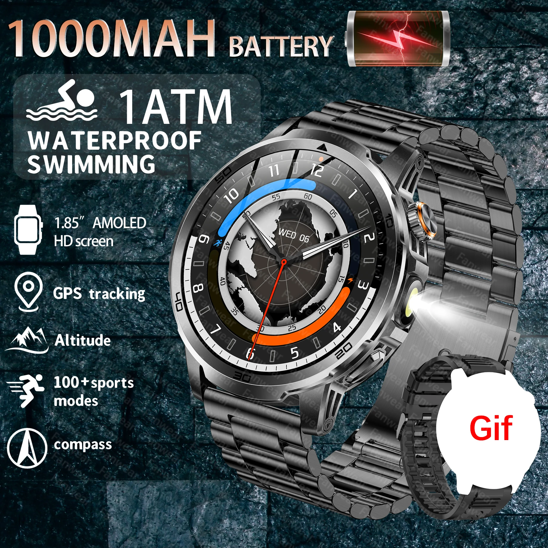 

Dual LED SOS distress light military-grade 1000mAh battery smart watch IP68 waterproof Bluetooth call AMOLED HD men's sports