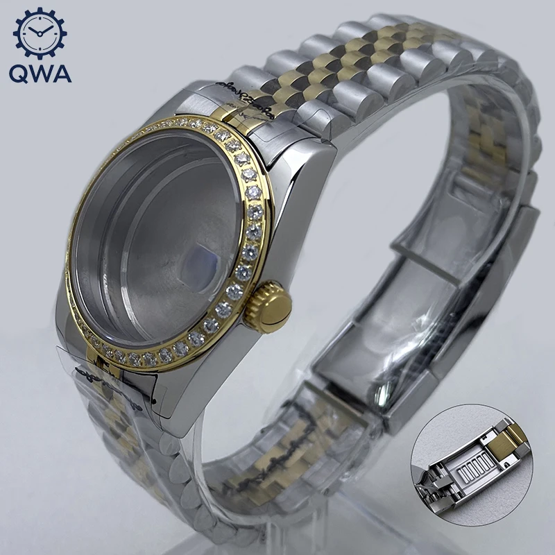 

QWA NH35 36mm/39mm Datejust Diamond Gold Sapphire Glass Watch Case With President/Jubilee Fit NH35/NH36 Movement Watch Parts