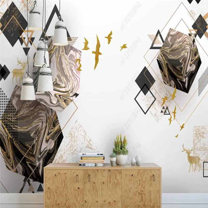 

Custom Mural Geometric Marble Pattern Bird Golden Deer Home Decor Mural 3D Photo Wall Paper Self-adhesive Wallpaper Papel Tapiz