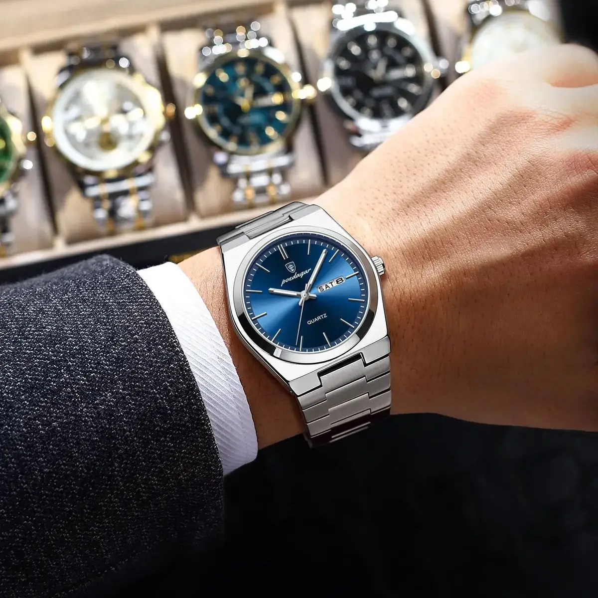 POEDAGAR ساعة يد فاخرة للرجال من الفولاذ المقاوم للصدأ مقاومة للماء ساعة رجالية مضيئة تاريخ الأسبوع كوارتز موضة ساعات رجال الأعمال